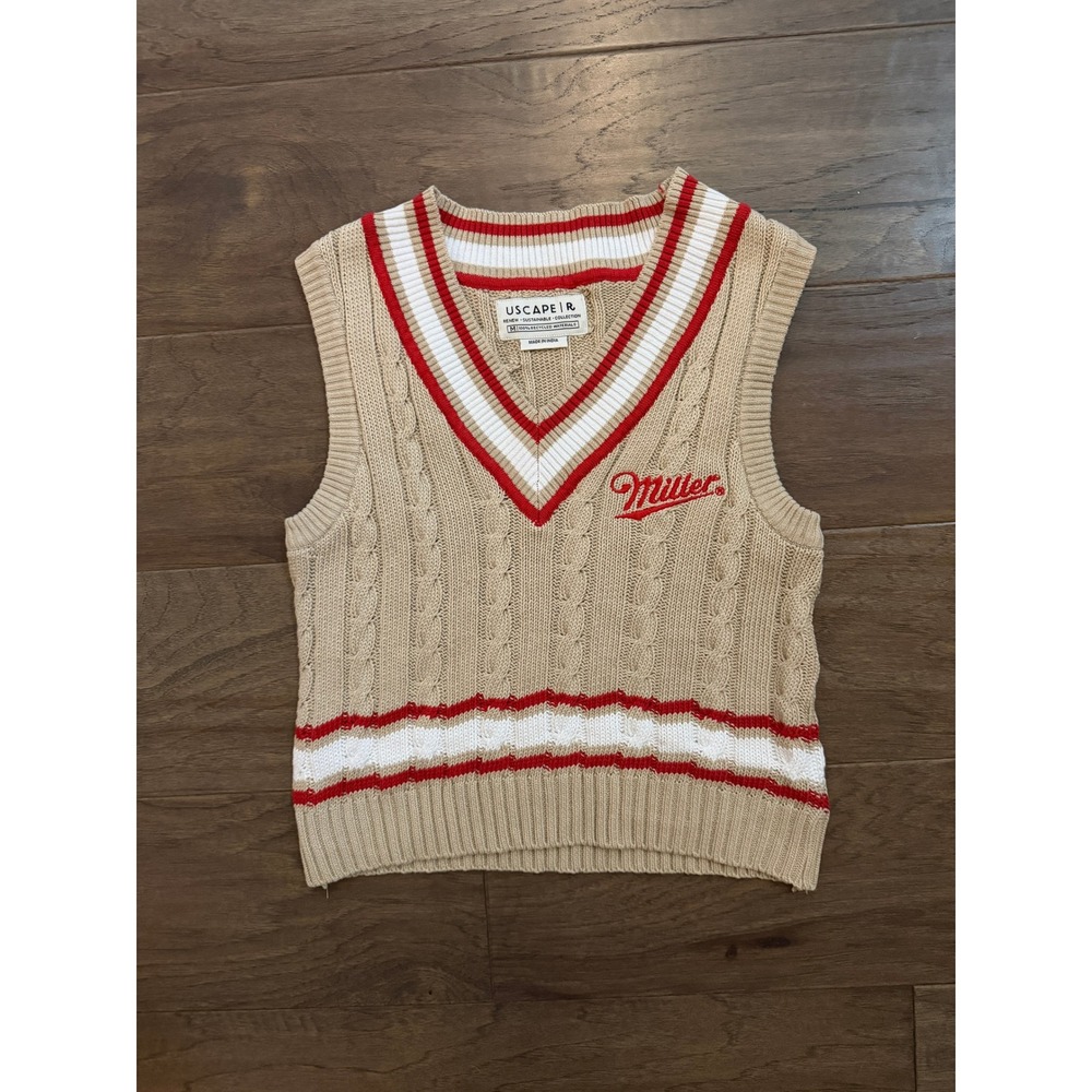 Uscape‎ Miller Tan Cable Knit Sweater Vest V-Neck Striped Renew Sustainable Med